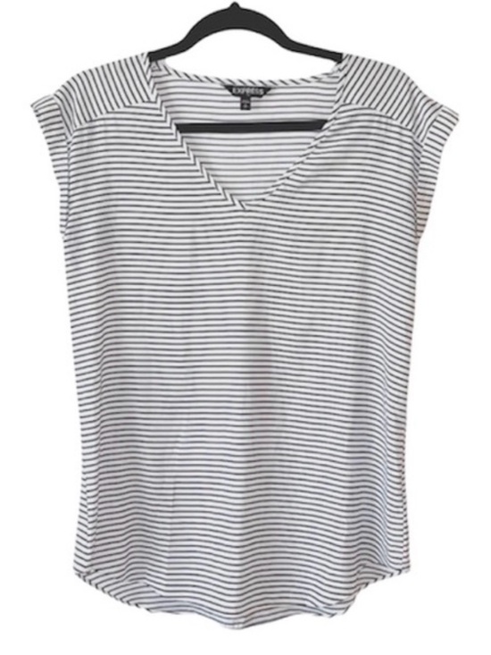 Express Tops - Express Black & White  Striped Satin V-neck Short Sleeve Blouse Small